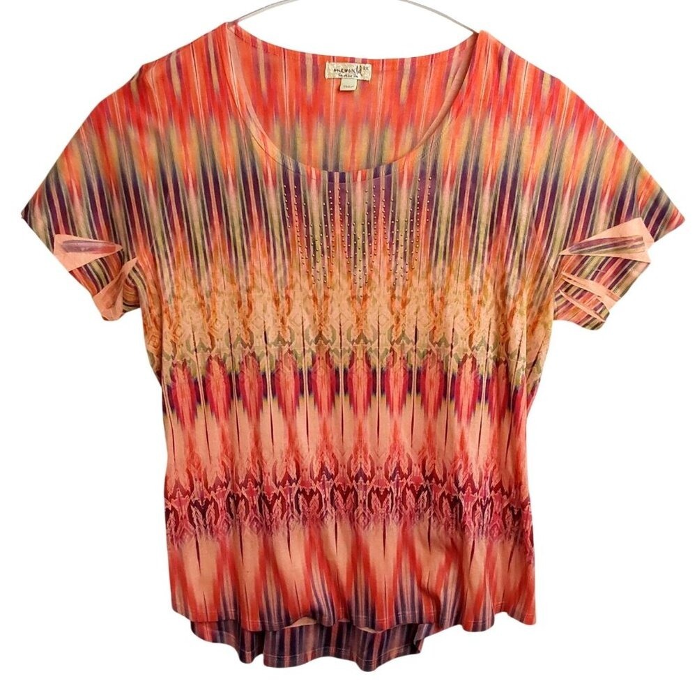 One World Womens 2X Ikat Chevron‎ Studded Strappy Sleeve Knit Top Orange Pink